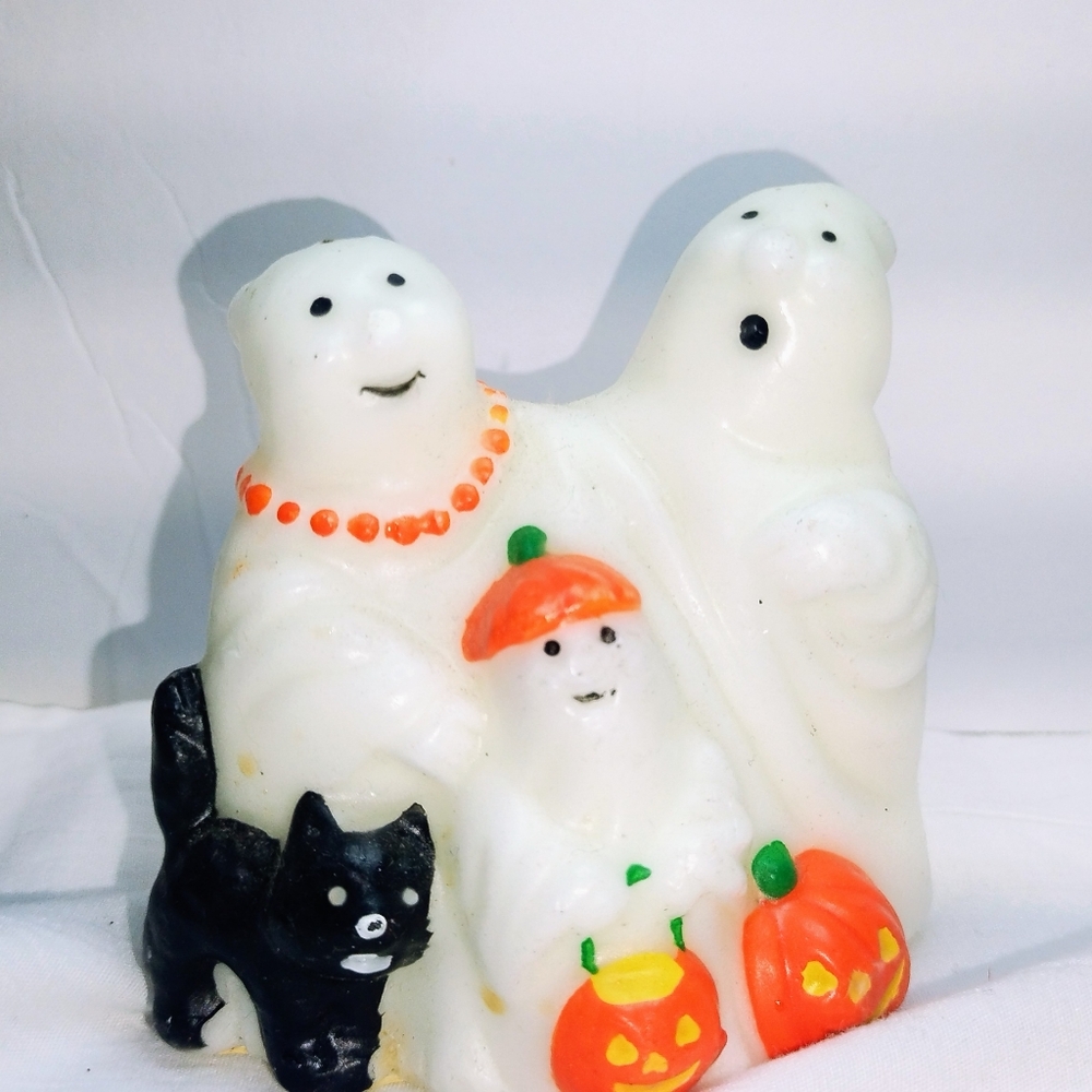 Halloween Trio Ghost Black Cat Pumpkin Bat Candle 3.5” Glows in the Dark